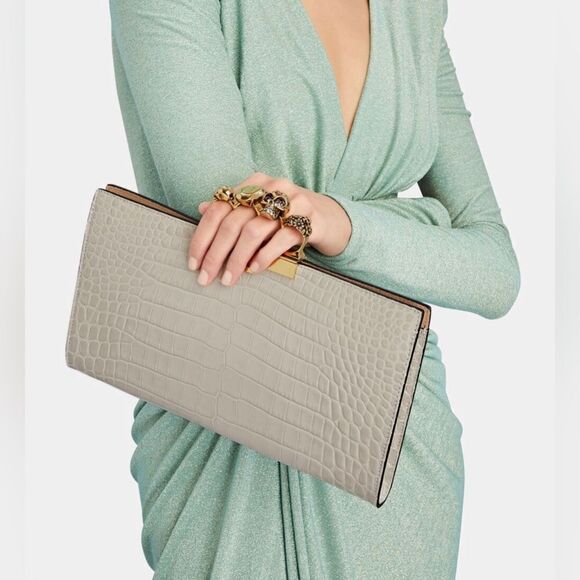 Alexander McQueen Four-Ring Knuckle Clasp Croc Embossed Leather Clutch - Picture 2 of 12